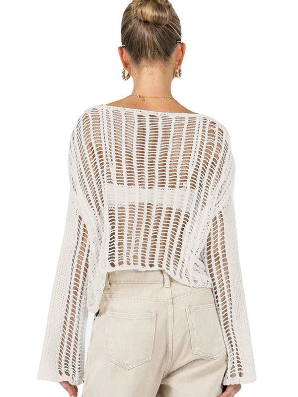 Long Sleeves Loose Hollow See-Through Solid Color Sun protection Round-neck Cover-Ups Tops Knitwear Pullovers