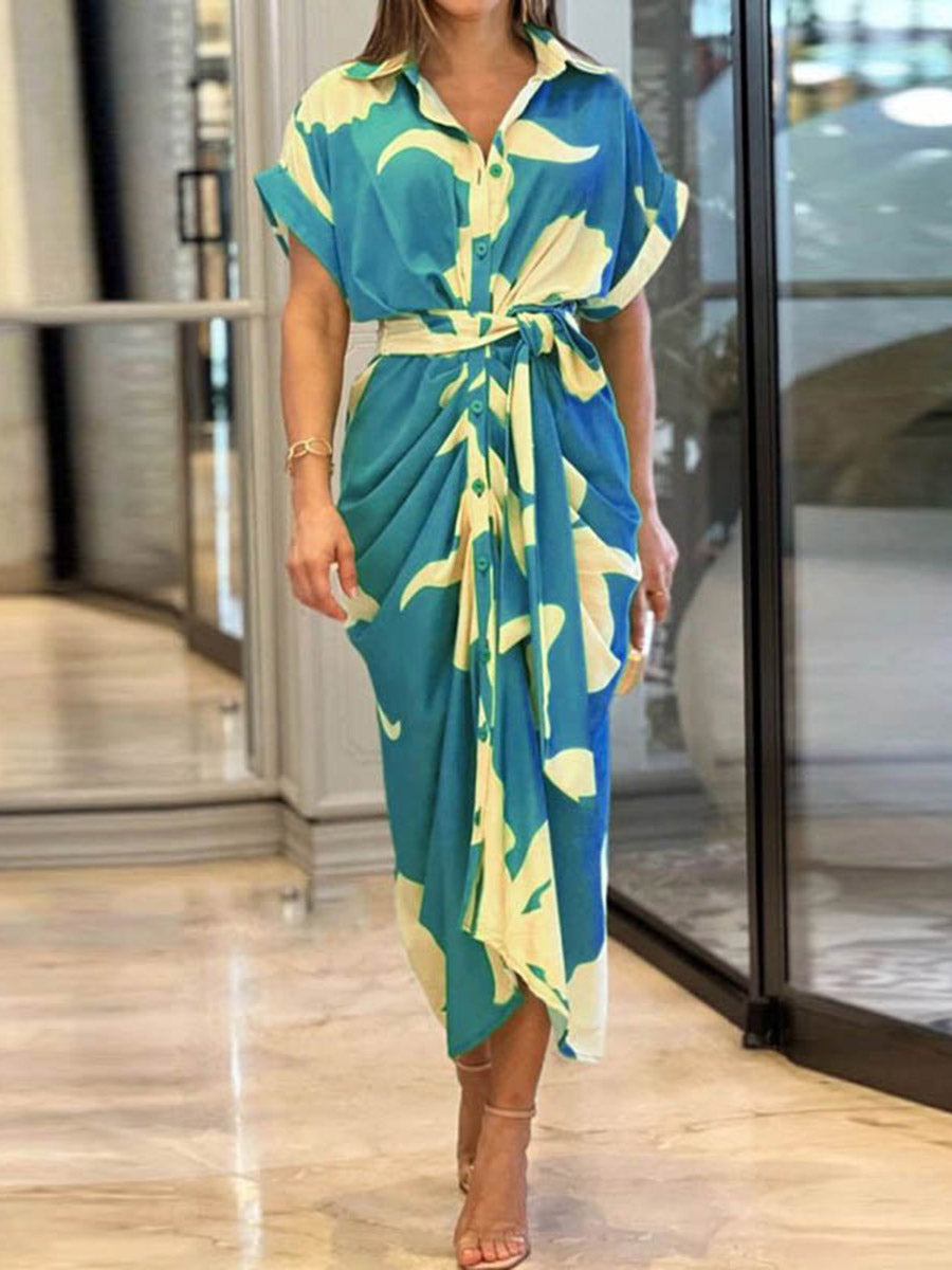 Elasticated Waist High Waisted Buttoned Pleated Solid Color Split-Joint Tied Waist Lapel Maxi Dresses Shirt Dress