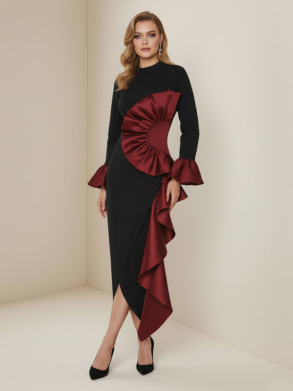 Bodycon Flared Sleeves Asymmetric Contrast Color Ruffled Zipper Stand Collar Midi Dresses