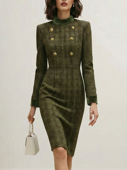 High Waisted Long Sleeves Buttoned Solid Color Split-Joint Zipper Mock Neck Midi Dresses