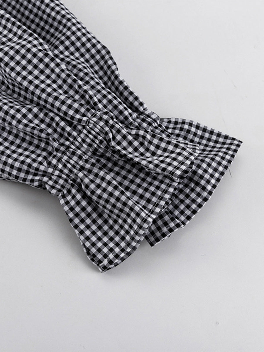 Loose  Contrast Color Plaid Ruffled Split-Joint  Long Sleeves Buttoned Lapel Blouses&Shirts Tops + Pants Two Pieces Set