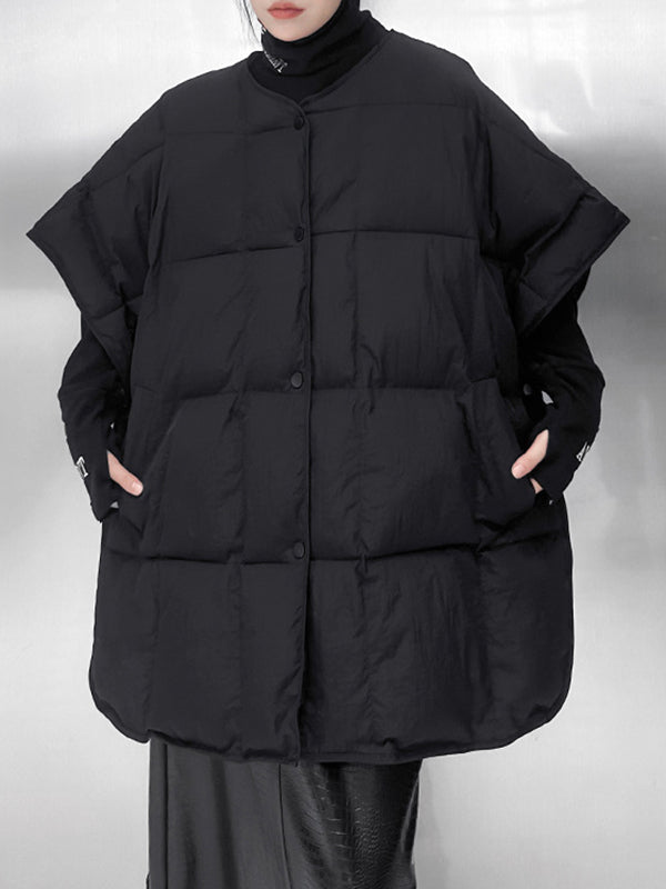 Batwing Sleeves Half Sleeves Buttoned Solid Color Round-Neck Padded Vest