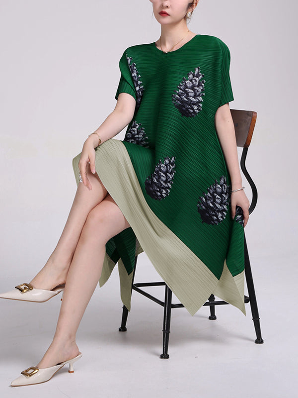 A-Line Loose Flower Print Pleated Round-Neck Midi Dresses