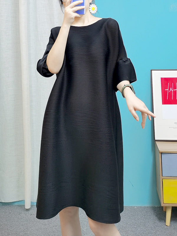 A-line Flared Sleeves Pleated Solid Color Round-neck Maxi Dresses Midi Dresses
