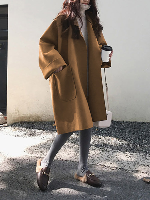 Long Sleeves Loose Buttoned Pockets Solid Color Split-Joint Notched Collar Woolen Coat