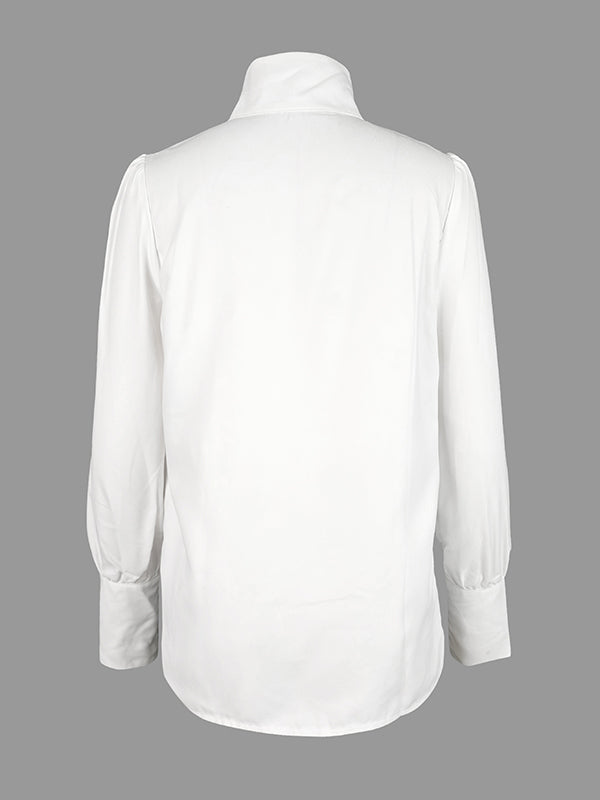 Long Sleeves Loose Solid Color Split-Joint High-Neck Blouses