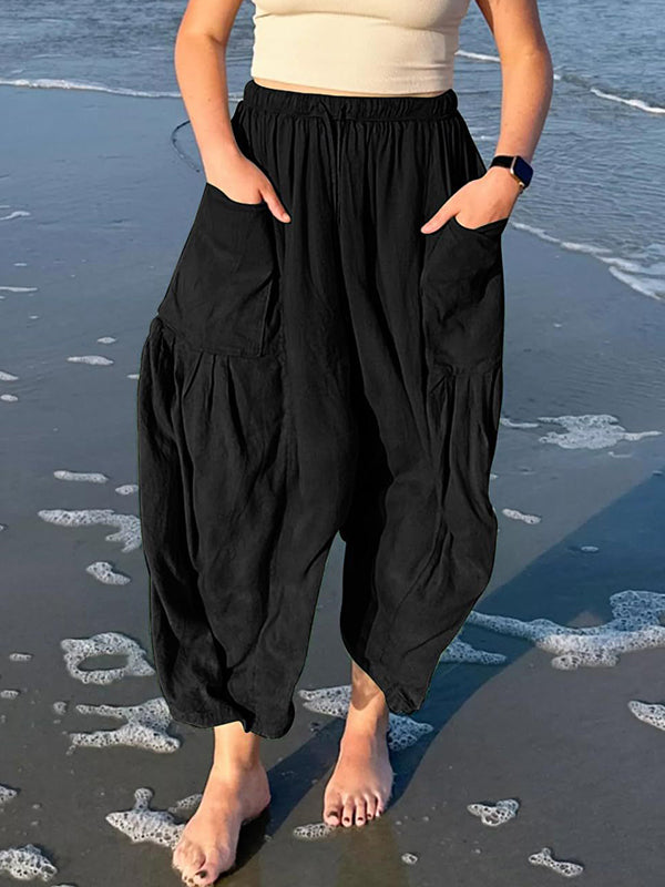 High Waisted Loose Drawstring Elasticity Pleated Pockets Solid Color Ninth Pants Trousers