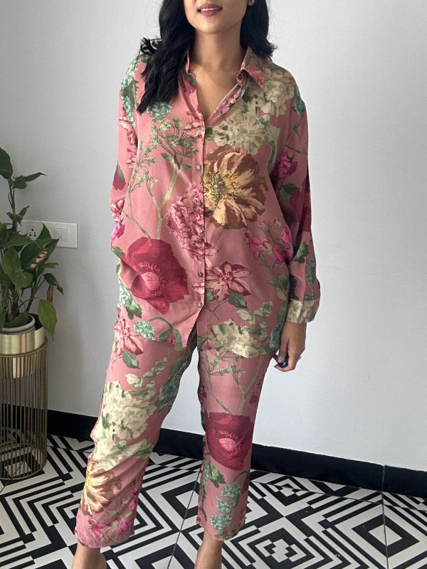 Long Sleeves Buttoned Flower Print Lapel Shirts Top + Ninth Pants Pants Bottom Two Pieces Set