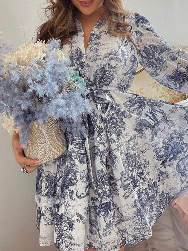 Loose Puff Sleeves Pleated Printed Split-Joint Tied Waist Lapel Mini Dresses Shirt Dress