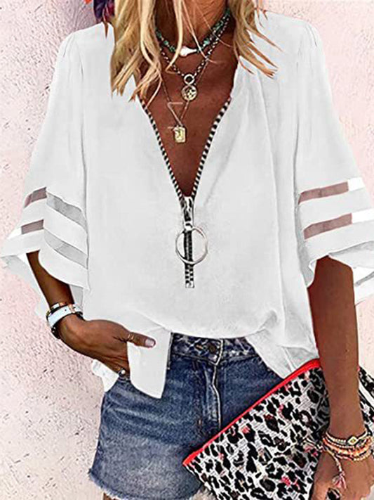 Loose Seven-Quarter Sleeves Hollow Solid Color Split-Joint Zipper Stand Collar Blouses&Shirts Tops