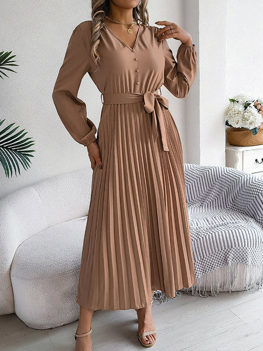 High Waisted Long Sleeves Belted Buttoned Pleated Solid Color V-Neck Maxi Dresses