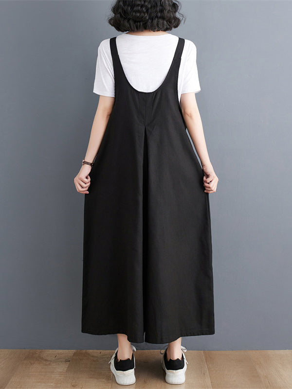 Ninth Pants Wide Leg Buttoned Solid Color Spaghetti-Neck Overalls