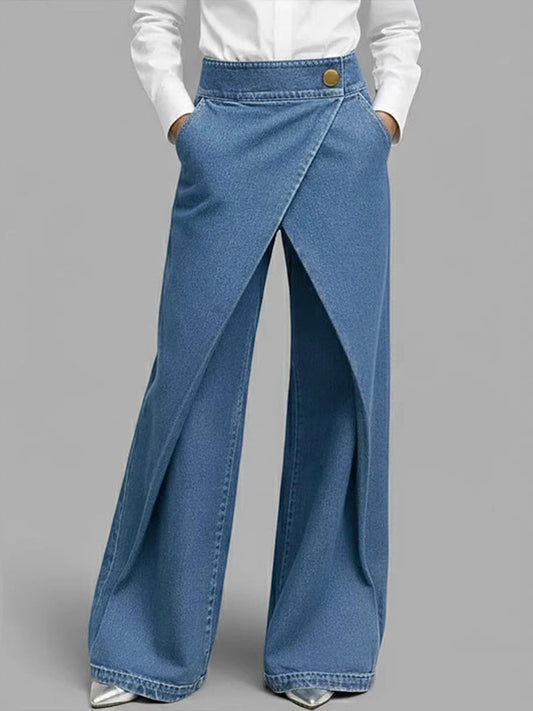 High Waisted Loose Asymmetric Buttoned Interlace Pockets Solid Color Split-Joint Jean Pants Bottoms Trousers