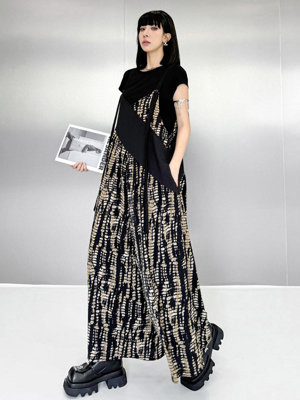 Loose Sleeveless Asymmetric Contrast Color Printed Split-Joint Spaghetti-Neck Overalls