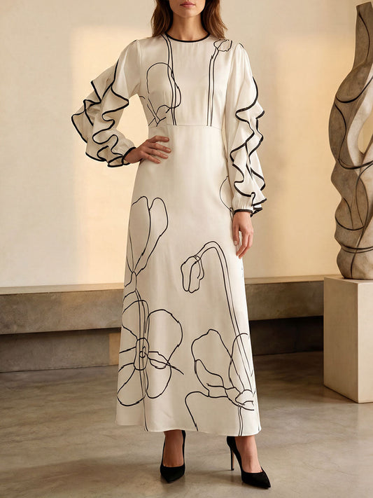 Loose Contrast Color Falbala Flower Print Hollow Zipper Maxi Dresses