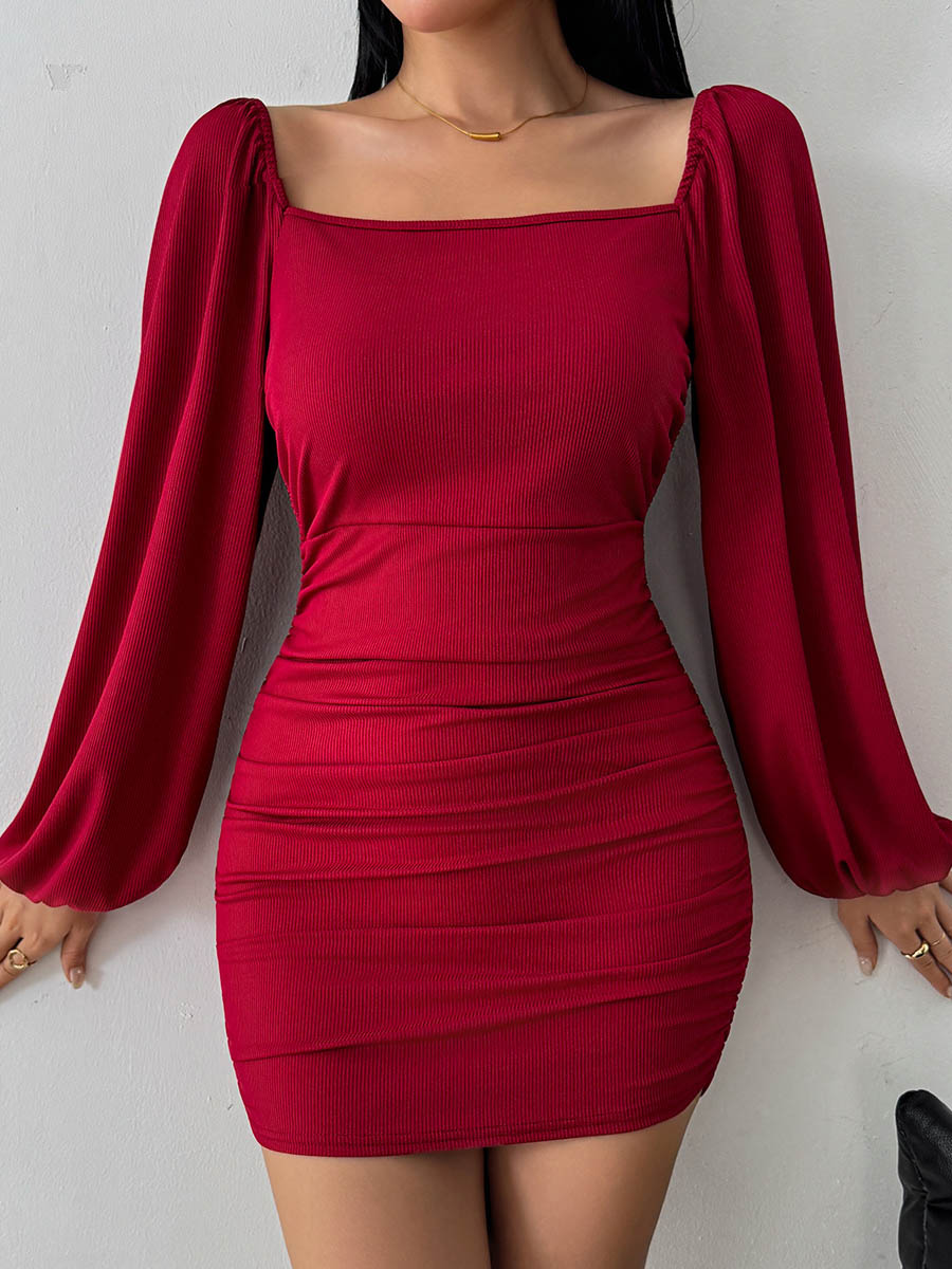 Bodycon High Waisted Backless Elasticity Pleated Solid Color Split-Joint Square-Neck Mini Dresses