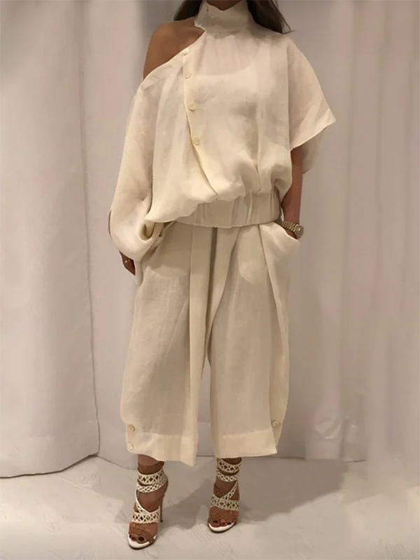Irregularity Loose Hollow Solid Color Cold Shoulder Blouses&Shirts Tops