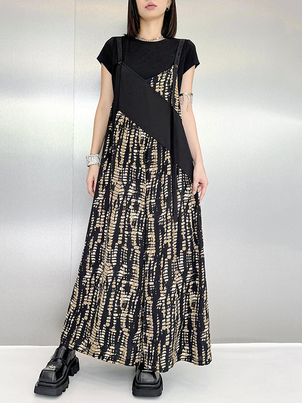 Loose Sleeveless Asymmetric Contrast Color Printed Split-Joint Spaghetti-Neck Overalls
