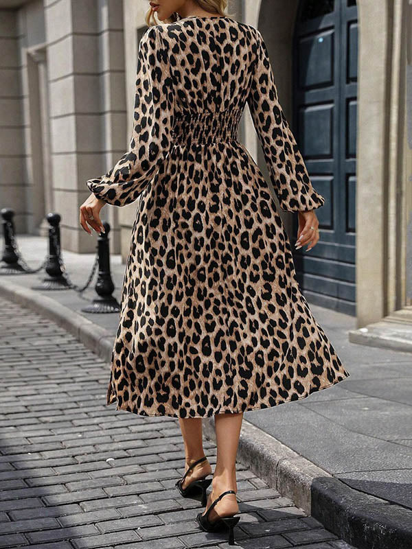 Elasticated Waist High Waisted Contrast Color Leopard Pleated Split-Joint V-Neck Maxi Dresses