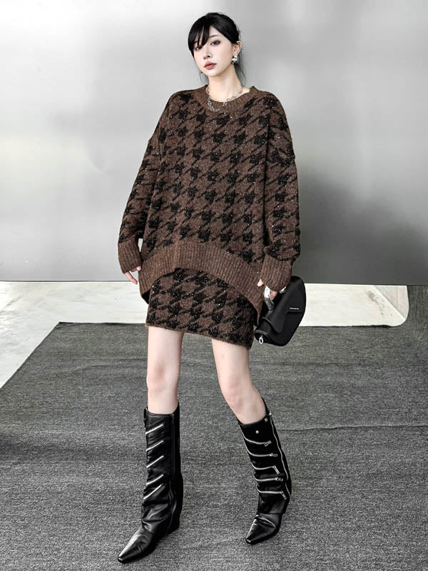 Contrast Color Split-Joint Ribs Shiny Swallow Gird/Houndstooth Round-Neck Sweater Tops + A-Line Elasticated Waist Skirts Bottoms  Two Pieces Set
