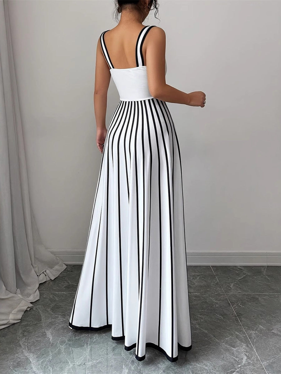 A-Line Sleeveless Contrast Color Pleated Split-Joint Striped Spaghetti-Neck Maxi Dresses