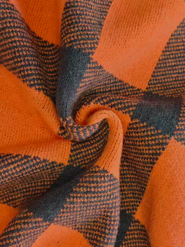 Long Sleeves Contrast Color Plaid Mock Neck Sweater Tops