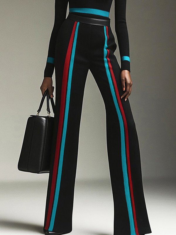 Long Sleeves Contrast Color Striped High Neck Pullovers Sweater Tops