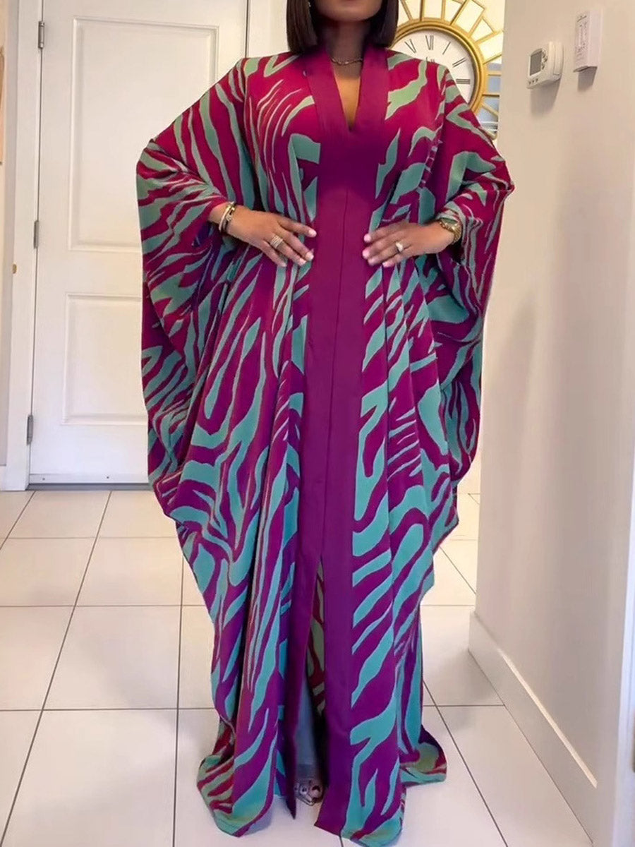 Batwing Sleeves Long Sleeves Contrast Color Printed Split-Front Split-Joint V-Neck Maxi Dresses