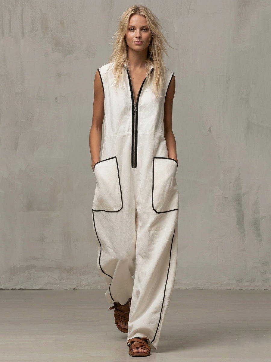 Loose Sleeveless Contrast Color Line Pockets Split-Joint Zipper Stand Collar Jumpsuits