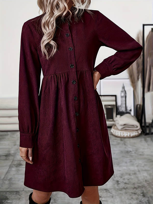 A-Line Elasticated Waist Belted Buttoned Pleated Solid Color Split-Joint Stand Collar Midi Dresses Shirt Dress