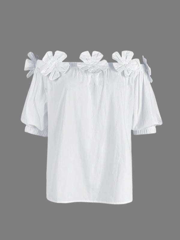 Loose Applique Solid Color Three-Dimensional Flower Off-the-shoulder Blouses&shirts Tops