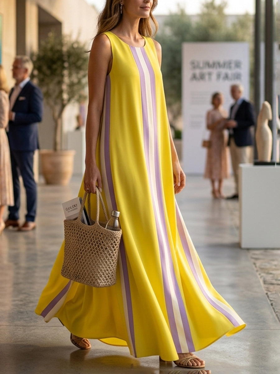 A-Line Loose Pockets Striped Round-Neck Maxi Dresses