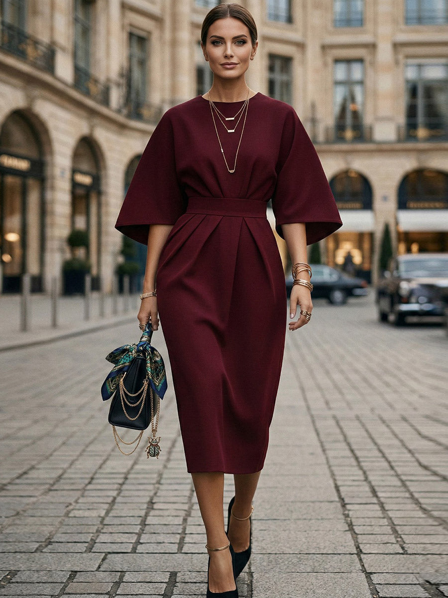 Batwing Sleeves Elasticated Waist Pleated Solid Color Split-Joint Round-Neck Midi Dresses