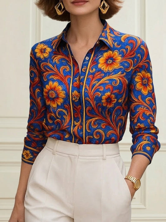 Long Sleeves Buttoned Flower Print Lapel Blouses&Shirts Tops