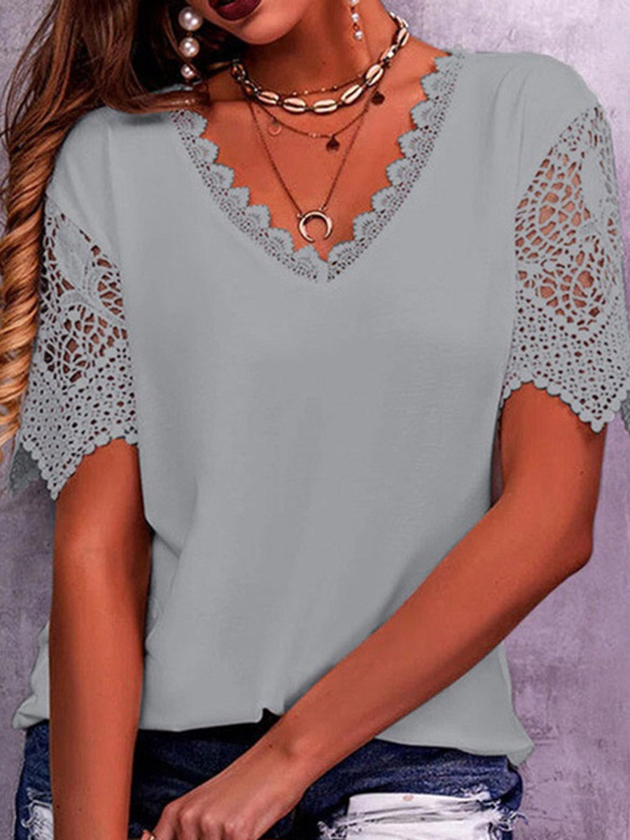 Loose Plus Size Hollow Solid Color Split-Joint V-Neck T-Shirts Tops