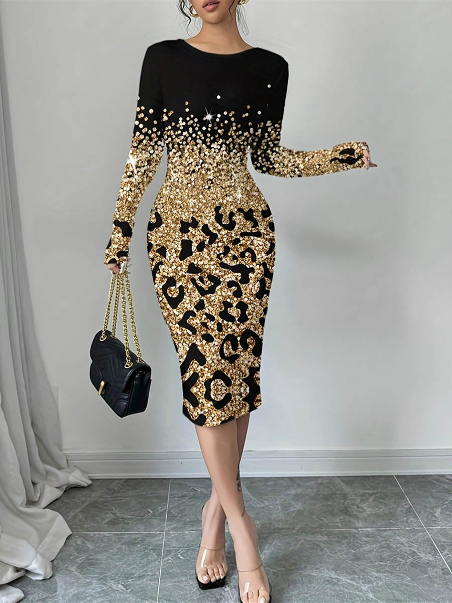 Bodycon Long Sleeves Contrast Color Leopard Shiny Split-Joint Round-Neck Midi Dresses