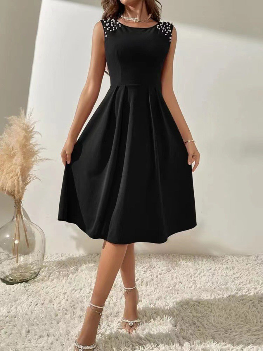 A-Line High Waisted Beads Pleated Solid Color Split-Joint Round-Neck Mini Dresses