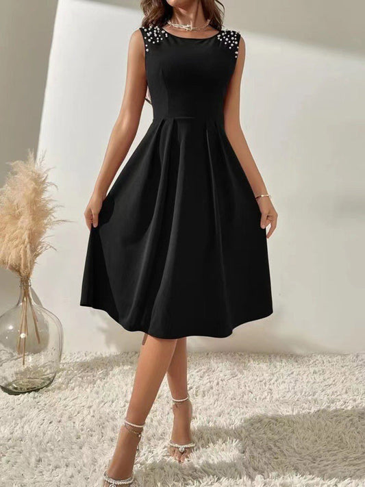 A-Line High Waisted Beads Pleated Solid Color Split-Joint Round-Neck Mini Dresses