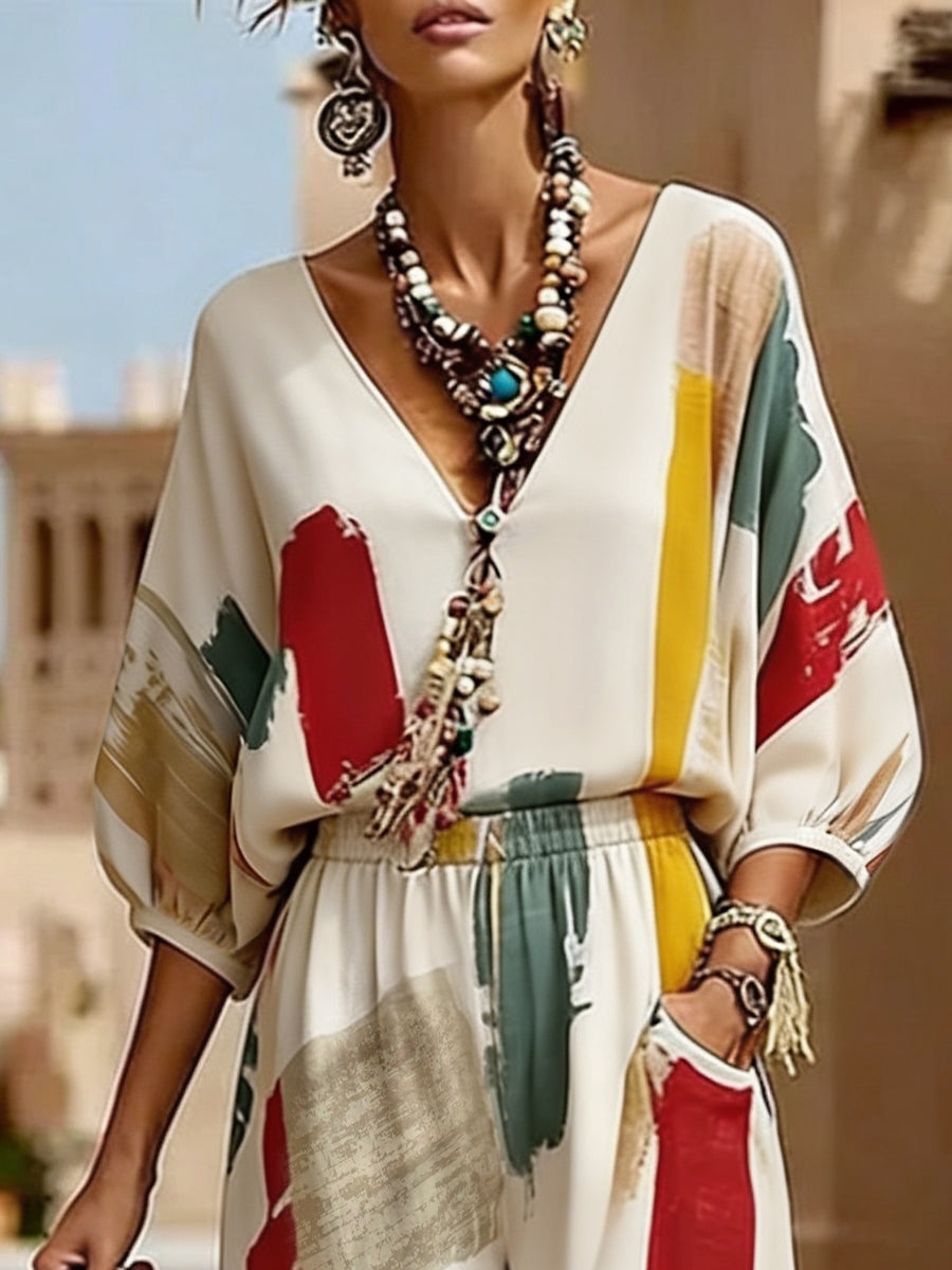 Loose Puff Sleeves Contrast Color Pleated V-Neck Blouses&Shirts Tops