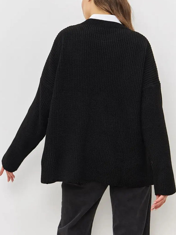 Long Sleeves Loose Solid Color Split-Joint Round-Neck Sweater Tops