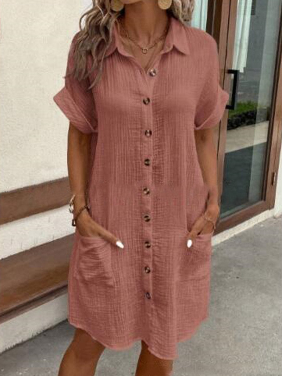 Half Sleeves Loose Buttoned Pockets Solid Color Lapel Mini Dresses