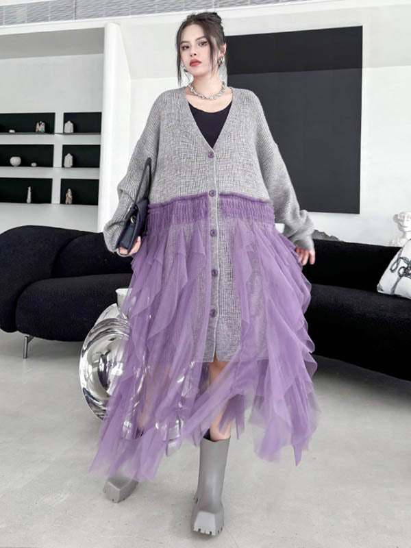 High-Low Irregularity Buttoned Contrast Color Mesh Pleated Ribs Split-Joint Collarless Cardigan Tops Outerwear
